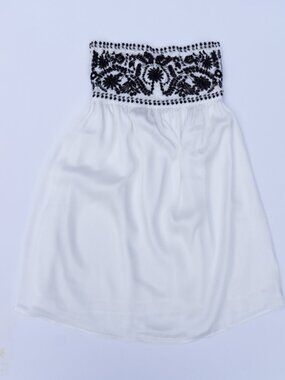 EUC Theme White Embroidered Silk Dress Black Lined M Strapless Y2K